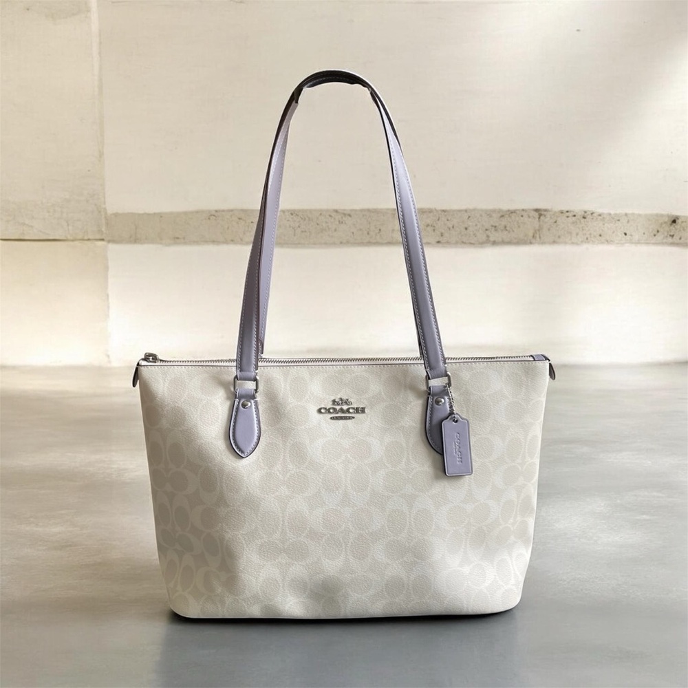 Coach CH504 Gallery Tote Signature Canvas Light Khaki Lavender Zip Top Work Bag